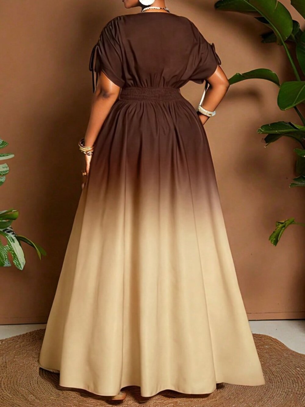 Multicolor Casual Women's Ombre Tie-Front Bowknot V-Neck A-Line Maxi Dress - Picture 2 of 7